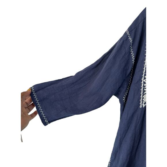 Roller Rabbit Blue White Stitched Lagenlook Boho Relaxed Tunic Dress Size Large - Picture 8 of 13